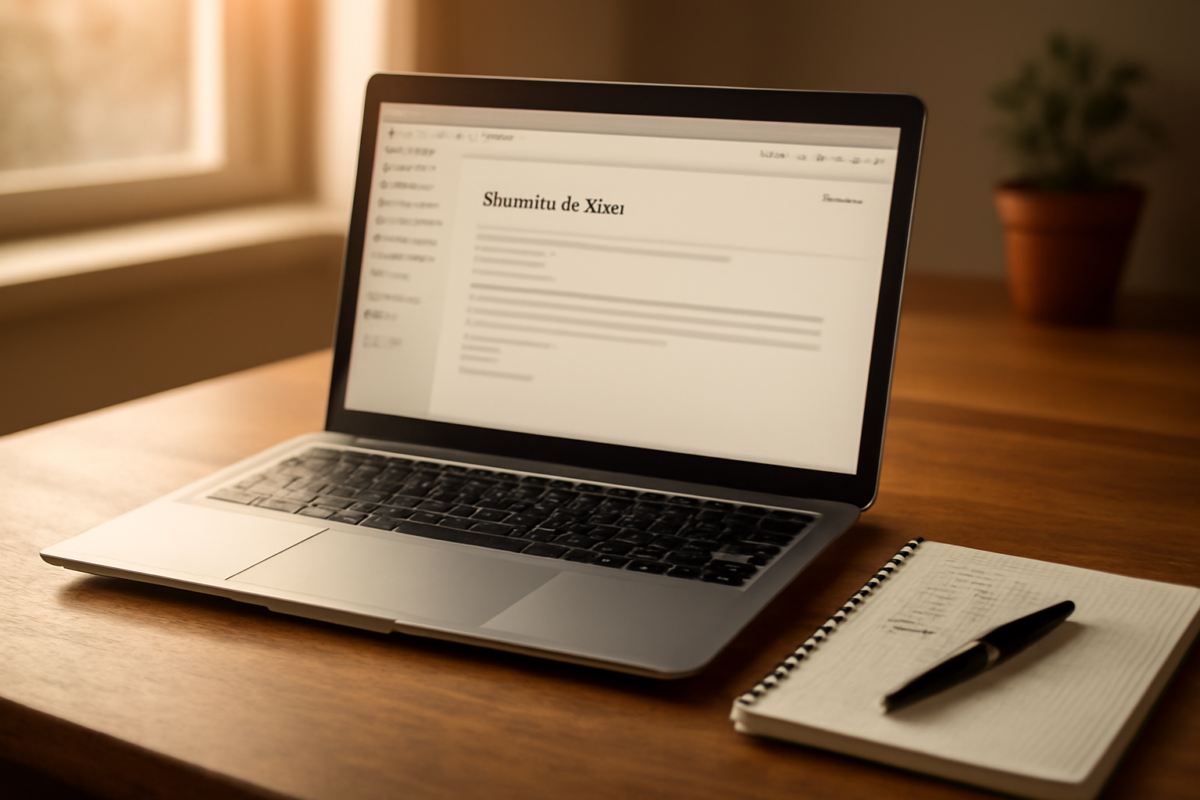Meja kerja dengan laptop berisi email penawaran iklan dan catatan perhitungan pendapatan blog