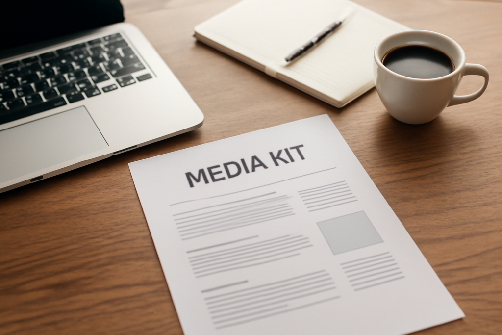 Media kit blog tercetak di meja kerja bersama laptop dan catatan