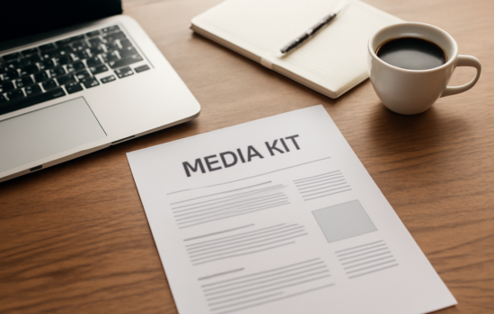 Media kit blog tercetak di meja kerja bersama laptop dan catatan