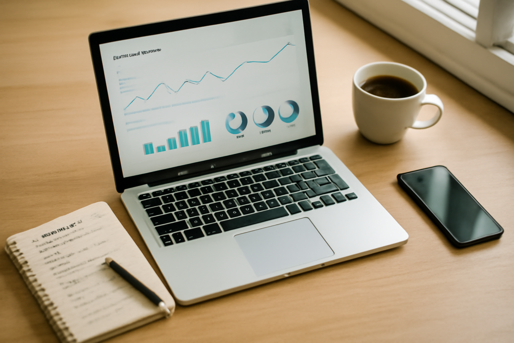 Meja kerja blogger dengan laptop berisi dasbor analitik dan catatan rencana konten