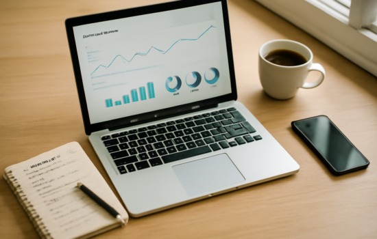 Meja kerja blogger dengan laptop berisi dasbor analitik dan catatan rencana konten