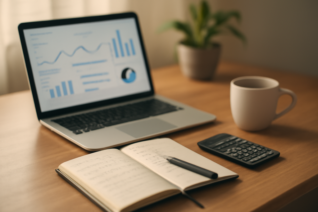 Meja kerja dengan laptop berisi data analitik dan kalkulator untuk menghitung harga iklan banner blog