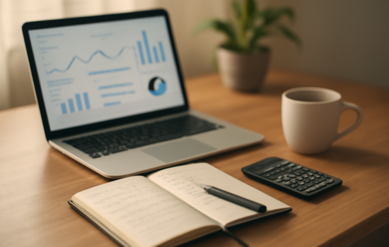 Meja kerja dengan laptop berisi data analitik dan kalkulator untuk menghitung harga iklan banner blog