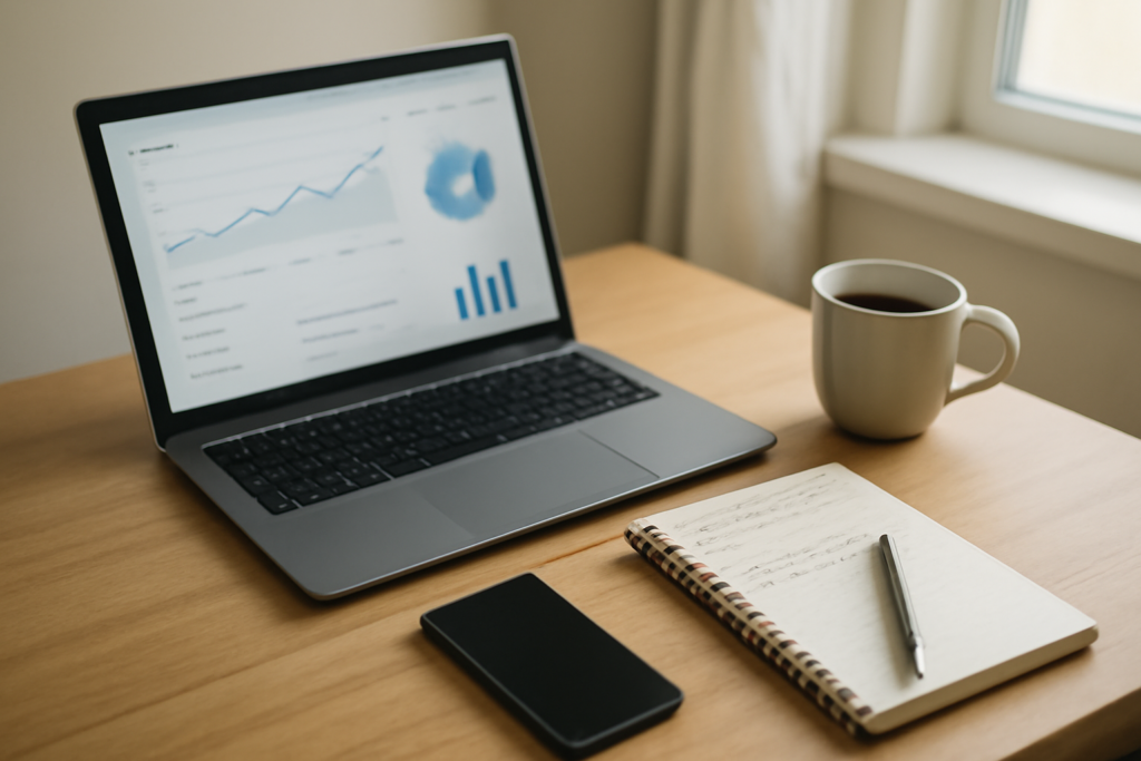 Meja kerja blogger dengan laptop menampilkan data trafik dan catatan rencana monetisasi blog