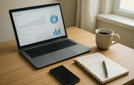 Meja kerja blogger dengan laptop menampilkan data trafik dan catatan rencana monetisasi blog